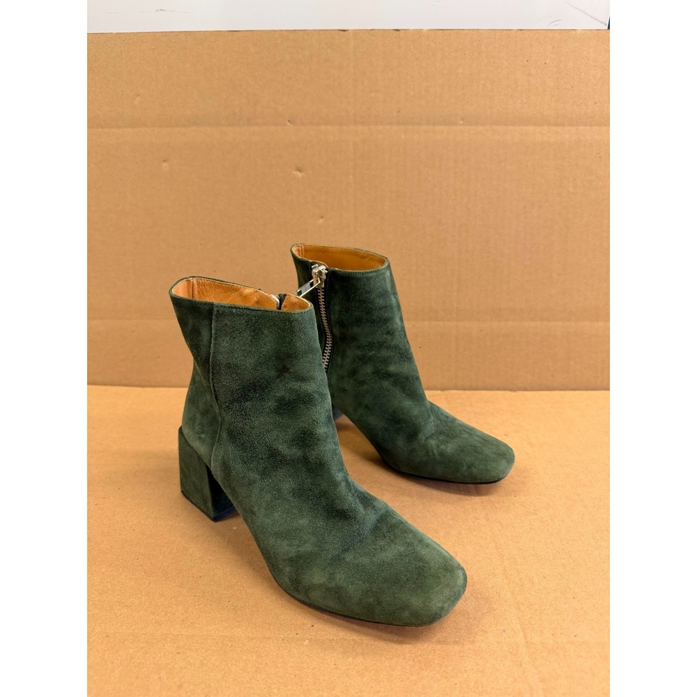 Loq Suede Block Heel Square Toe Ankle Boot Olive Green Womens Size 37 EU